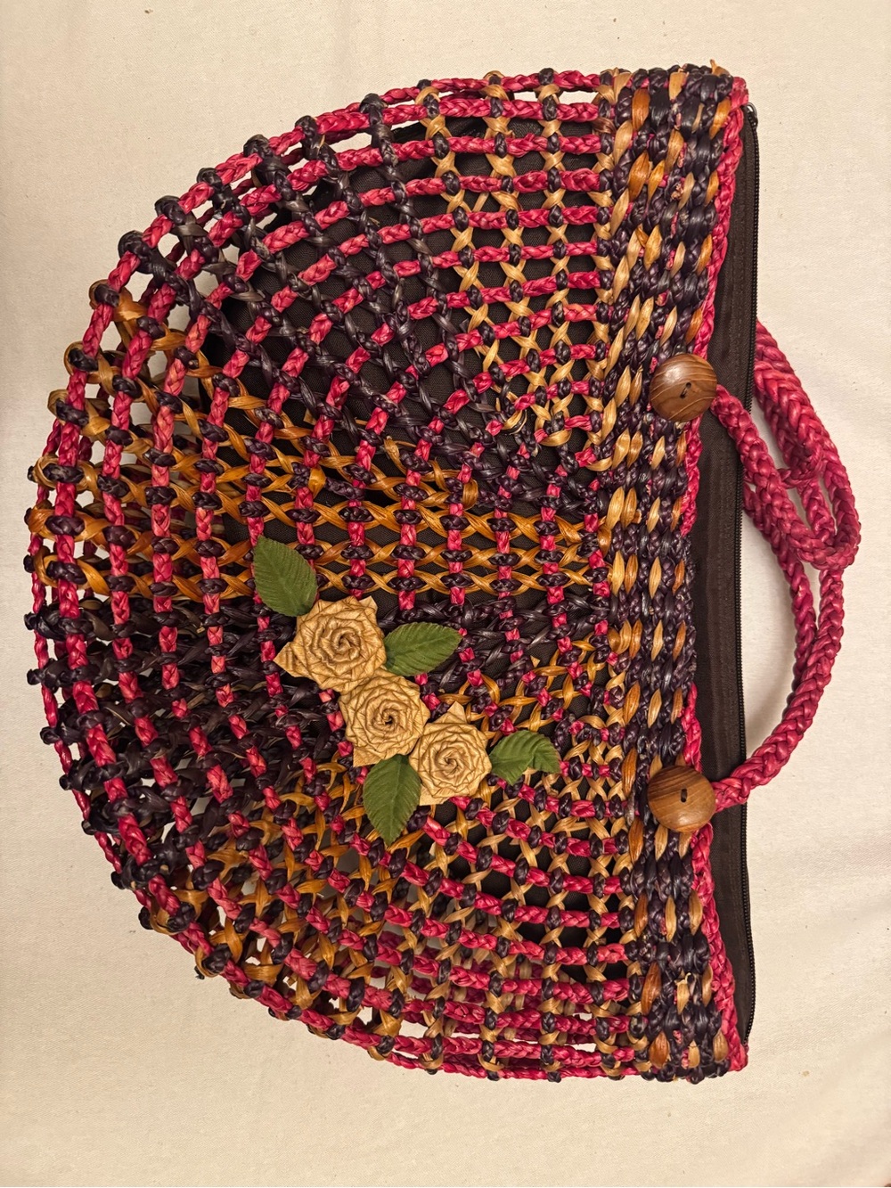 Woven Floral Straw Tote Bag in Pink, Purple & Taupe
